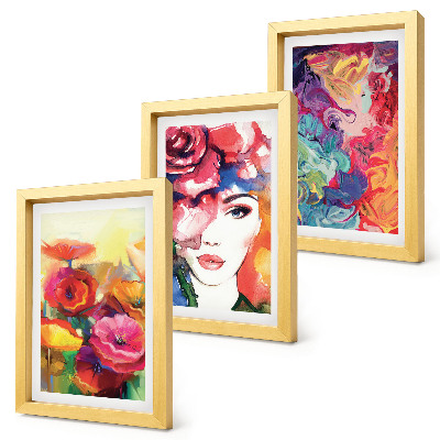 Trittico incorniciato Fiori dai colori intensi, ritratto di donna, astratto