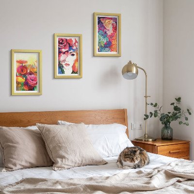 Trittico incorniciato Fiori dai colori intensi, ritratto di donna, astratto