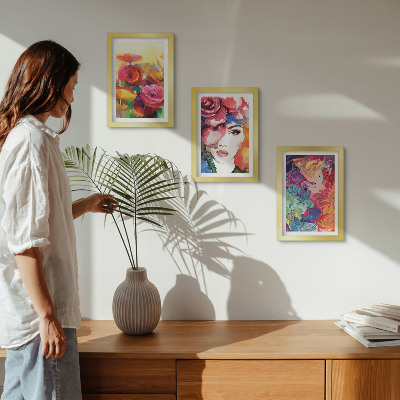 Trittico incorniciato Fiori dai colori intensi, ritratto di donna, astratto