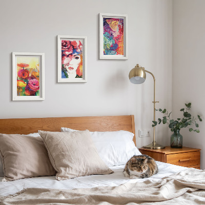 Trittico incorniciato Fiori dai colori intensi, ritratto di donna, astratto