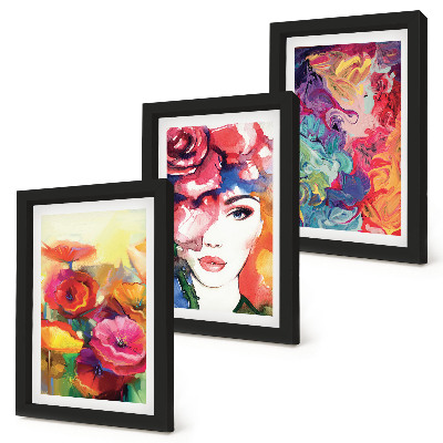 Trittico incorniciato Fiori dai colori intensi, ritratto di donna, astratto