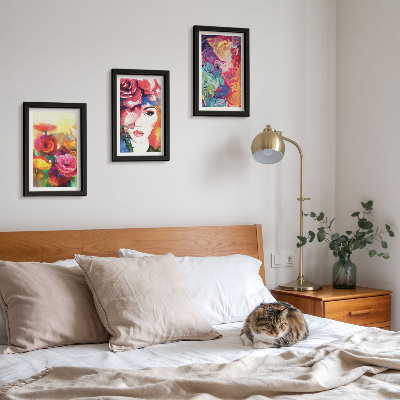 Trittico incorniciato Fiori dai colori intensi, ritratto di donna, astratto