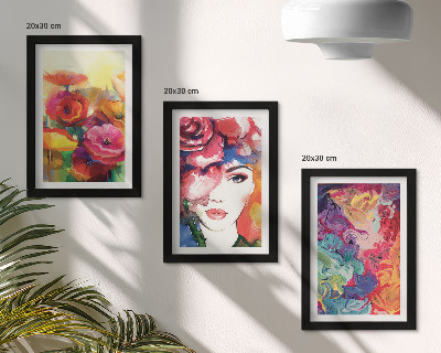 Trittico incorniciato Fiori dai colori intensi, ritratto di donna, astratto