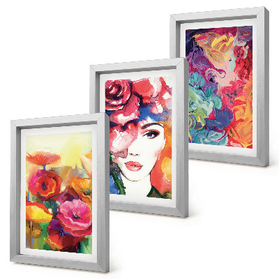 Trittico incorniciato Fiori dai colori intensi, ritratto di donna, astratto
