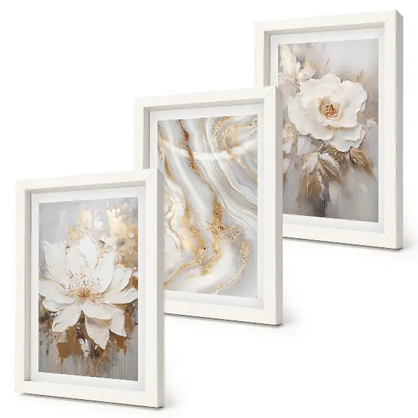 Composizione di 3 quadri con fiori e motivo astratto effetto marmo
