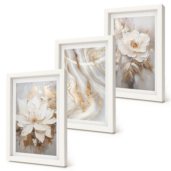 Composizione di 3 quadri Fiori e motivo astratto effetto marmo