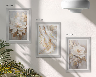 Composizione di 3 quadri Fiori e motivo astratto effetto marmo