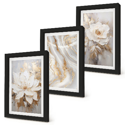 Composizione di 3 quadri Fiori e motivo astratto effetto marmo