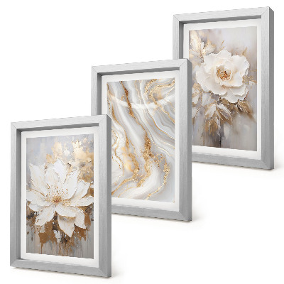 Composizione di 3 quadri Fiori e motivo astratto effetto marmo