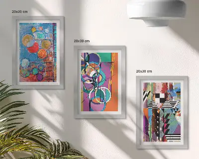 Trittico incorniciato quadro con astrazioni colorate, cerchi e motivi geometrici