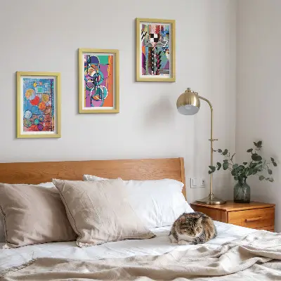 Trittico incorniciato quadro con astrazioni colorate, cerchi e motivi geometrici