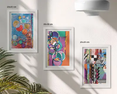 Trittico incorniciato quadro con astrazioni colorate, cerchi e motivi geometrici