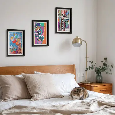 Trittico incorniciato quadro con astrazioni colorate, cerchi e motivi geometrici