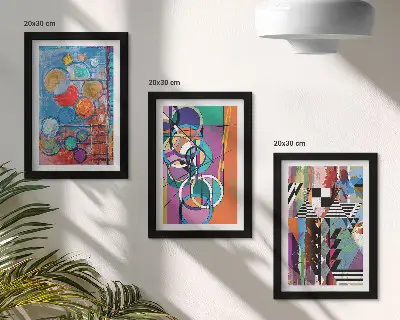Trittico incorniciato quadro con astrazioni colorate, cerchi e motivi geometrici