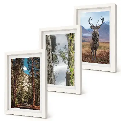 Trittico incorniciato strada nella foresta con montagne e cervi