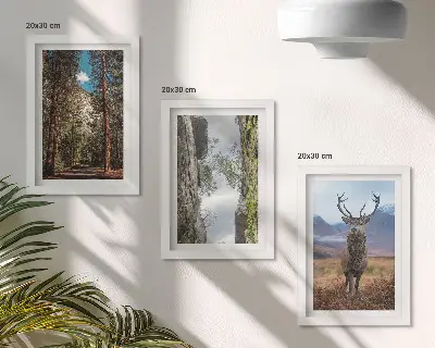 Trittico incorniciato strada nella foresta con montagne e cervi