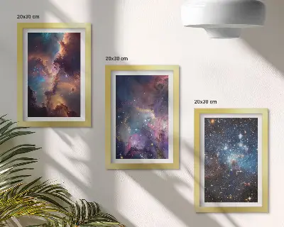 Paesaggi spaziali con stelle e nebulose composizione di 3 quadri