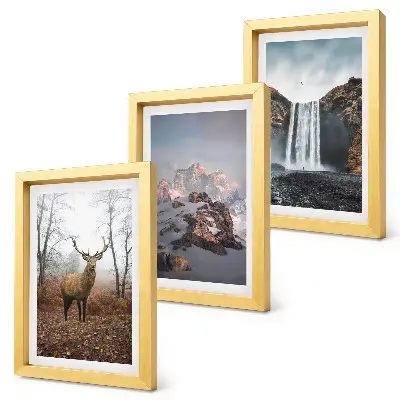 Composizione di 3 quadri con paesaggi naturali selvaggi, montagne, cervi e cascate