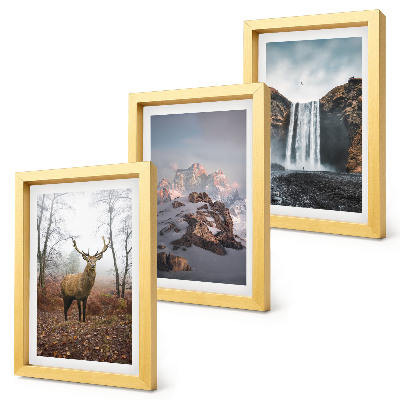 Composizione di 3 quadri Paesaggi naturali selvaggi, montagne, cervi e cascate