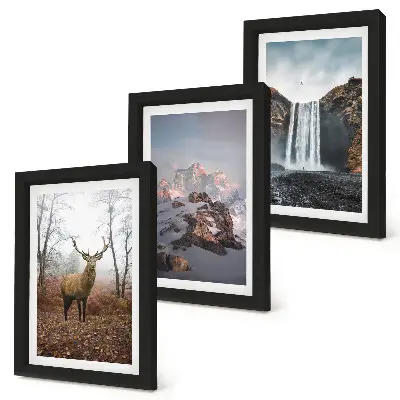 Composizione di 3 quadri con paesaggi naturali selvaggi, montagne, cervi e cascate