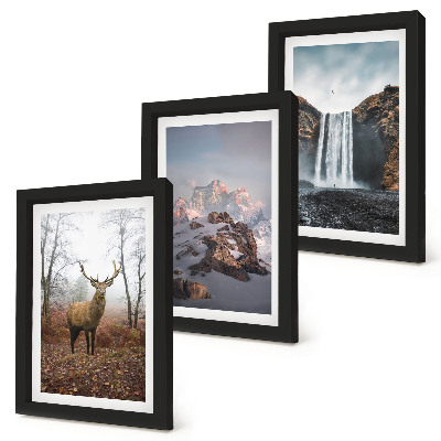 Composizione di 3 quadri Paesaggi naturali selvaggi, montagne, cervi e cascate
