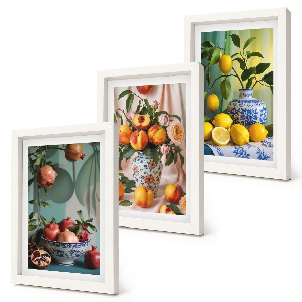 Trittico incorniciato Melograni, pesche e limoni in vasi