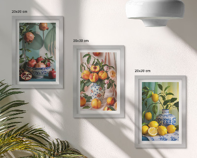 Trittico incorniciato Melograni, pesche e limoni in vasi