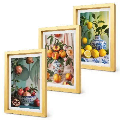 Trittico incorniciato riproduzione artistica Melograni, pesche e limoni in vasi