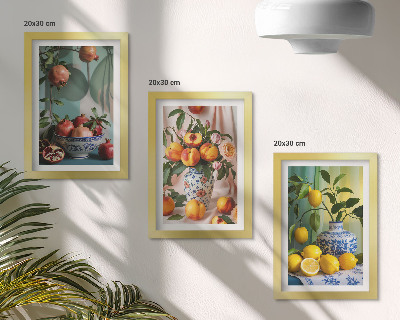 Trittico incorniciato Melograni, pesche e limoni in vasi