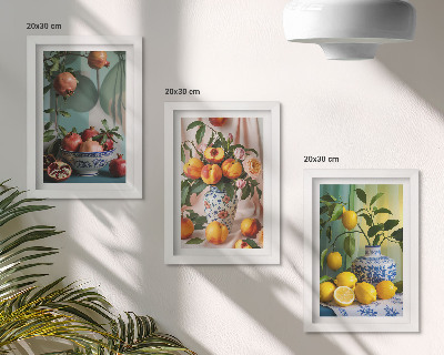 Trittico incorniciato Melograni, pesche e limoni in vasi