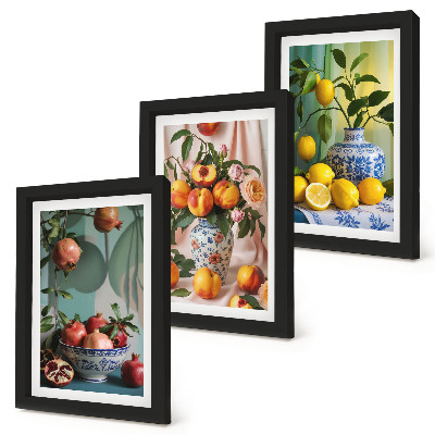 Trittico incorniciato Melograni, pesche e limoni in vasi