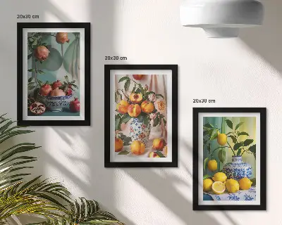 Trittico incorniciato riproduzione artistica Melograni, pesche e limoni in vasi