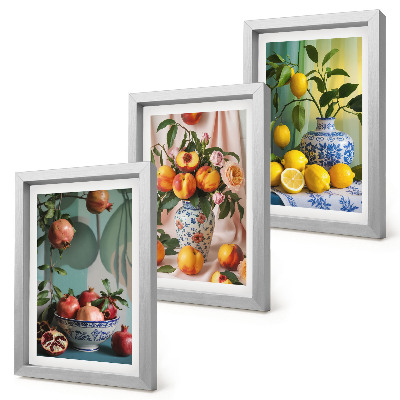 Trittico incorniciato Melograni, pesche e limoni in vasi