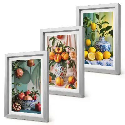 Trittico incorniciato riproduzione artistica Melograni, pesche e limoni in vasi