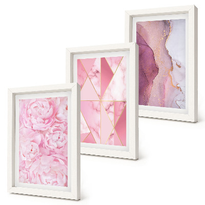 Composizione di 3 quadri fiori rosa peonie motivi geometrici