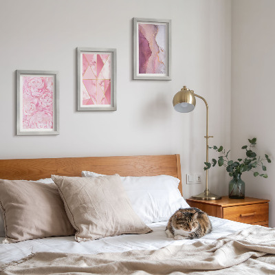 Composizione di 3 quadri fiori rosa peonie motivi geometrici