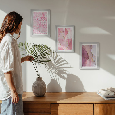 Composizione di 3 quadri fiori rosa peonie motivi geometrici