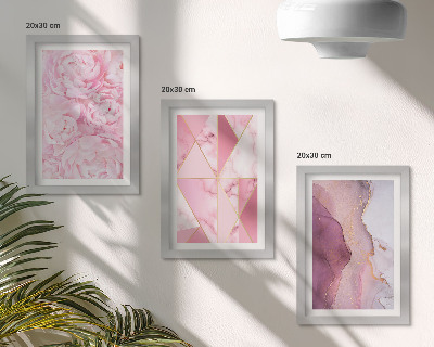 Composizione di 3 quadri fiori rosa peonie motivi geometrici