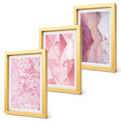 Composizione di 3 quadri fiori rosa peonie motivi geometrici