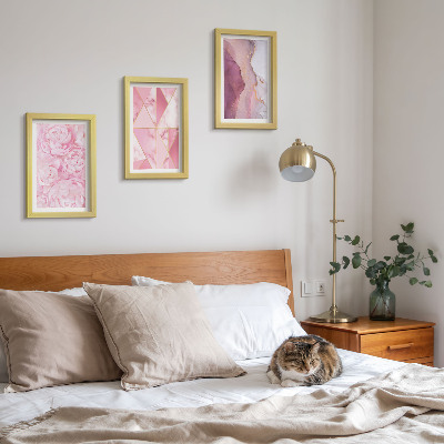 Composizione di 3 quadri fiori rosa peonie motivi geometrici