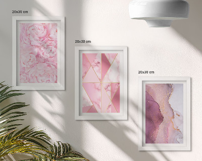 Composizione di 3 quadri fiori rosa peonie motivi geometrici