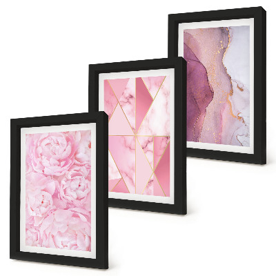 Composizione di 3 quadri fiori rosa peonie motivi geometrici