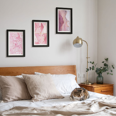 Composizione di 3 quadri fiori rosa peonie motivi geometrici