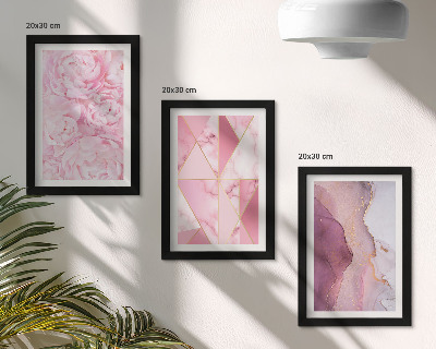 Composizione di 3 quadri fiori rosa peonie motivi geometrici