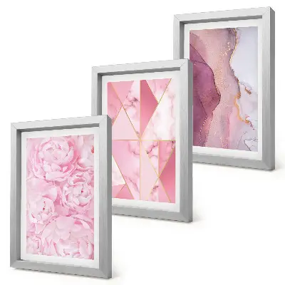 Composizione di 3 quadri con fiori di peonie rosa e motivi geometrici