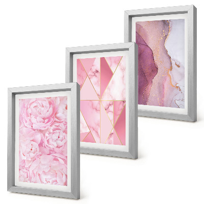 Composizione di 3 quadri fiori rosa peonie motivi geometrici