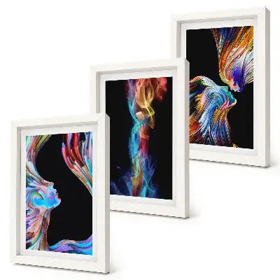 Trittico incorniciato con astrazioni colorate caratterizzate da volti e forme dinamiche