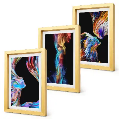 Trittico incorniciato con astrazioni colorate caratterizzate da volti e forme dinamiche