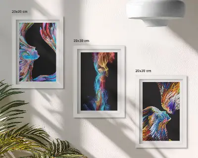 Trittico incorniciato con astrazioni colorate caratterizzate da volti e forme dinamiche