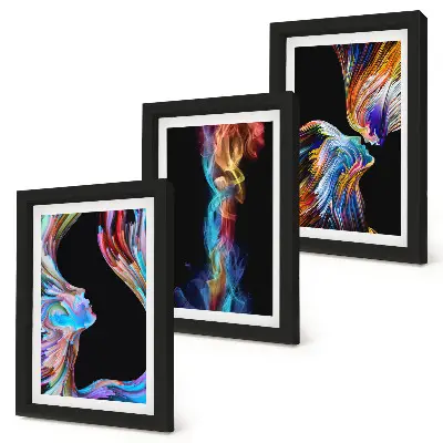 Trittico incorniciato con astrazioni colorate caratterizzate da volti e forme dinamiche